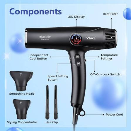 سشوار حرفهای موتور براشلس VGR V-469 با فناوری یونساز و نمایشگر LED